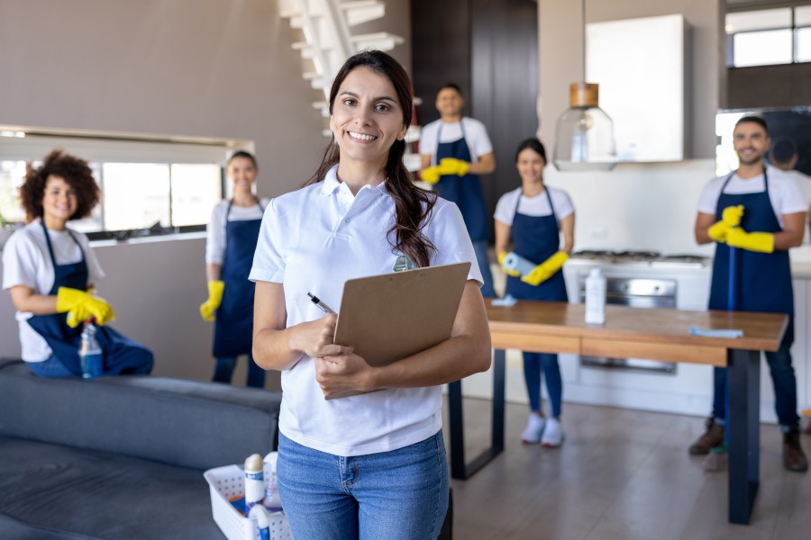 Im Vordergrund eine Teamleiterin mit Klembrett, im Hintergrund ihr Team aus 5 Reinigungskräften nach Abschluss der Reinigung der Innenräume eines Gebäudes.